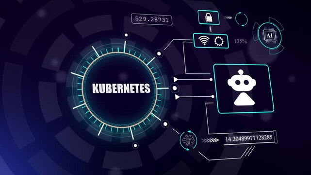 Modern kubernetes orchestration dashboard with robot icon for automated cloud container management and scaling, hud animation