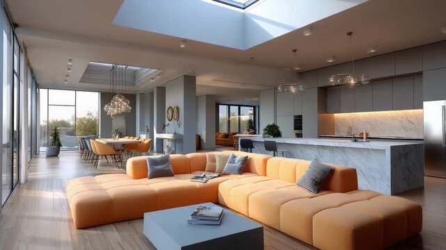 Luxurious Living Space: An upscale, sun-drenched living area seamlessly blends a modern kitchen with a comfortable lounge, exuding an ambiance of opulence and refined living.