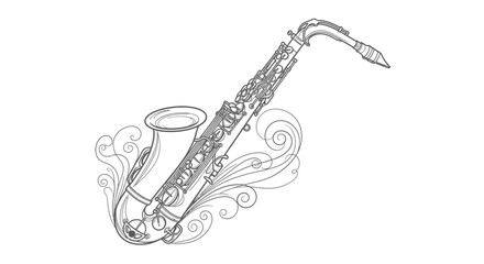Obraz premium Detailed illustration of a saxophone with decorative swirls on white backdrop