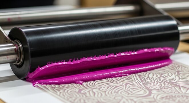 Close-up of a black ink roller applying vibrant magenta or pink block printing ink onto a patterned linocut or woodblock matrix during the printmaking process