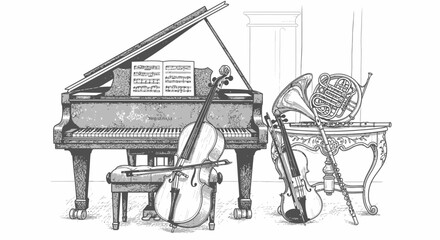 Elegant musical instruments composition featuring piano cello violin and french horn © Kenari