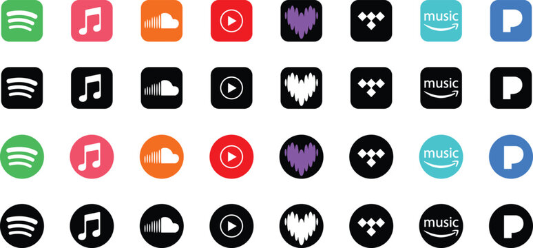 Popular Music Streaming App Icons Set with Spotify, Apple Music, SoundCloud and YouTube Music Logos