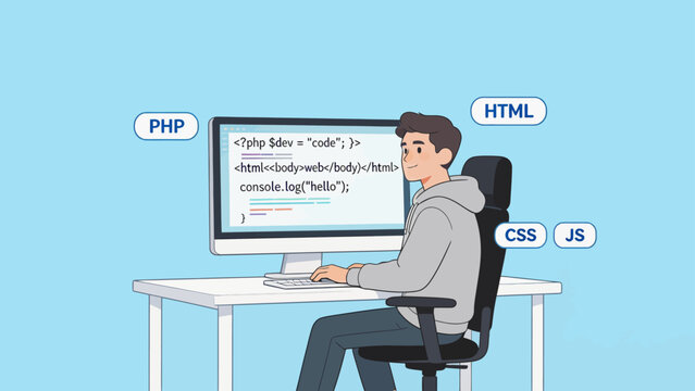 Person coding on computer with web technologies