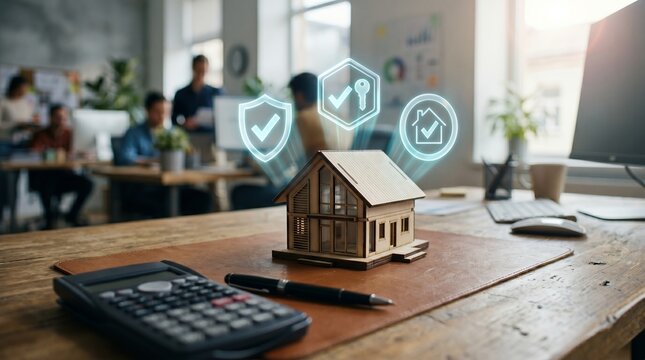 A small wooden house model sits on a desk with a calculator and pen in a modern office setting.