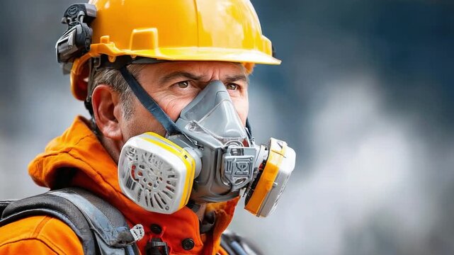 Safety First: A determined construction worker, clad in safety gear, gazes intently. His focused expression conveys a sense of responsibility and preparedness.