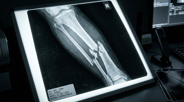 X-ray image showing a fractured tibia and fibula in a human leg, indicating a severe bone injury.