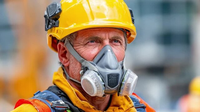 Respirator-Wearing Construction worker: A determined construction worker wearing a respirator and hard hat, embodying safety and dedication in the construction site environment.