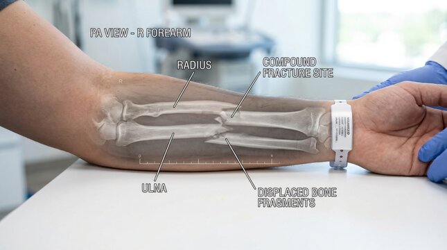 X-ray of a Compound Fracture in a Human Forearm with Displaced Bone Fragments.