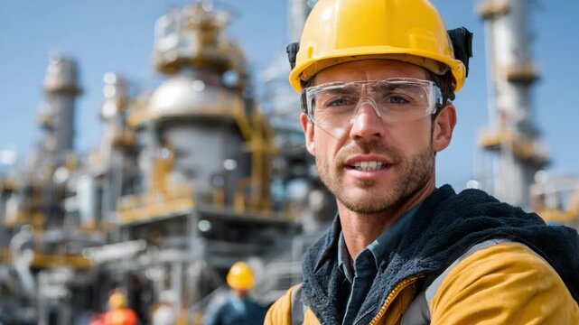 Confident Technician: A close-up shot of an experienced technician in a yellow safety helmet and glasses, standing confidently in front of an industrial plant.