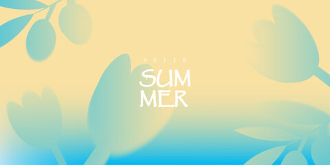 Obraz premium Hello Summer Minimal Background Blue Yellow Gradient Soft Floral Silhouette Aesthetic Modern Seasonal Banner Template Design