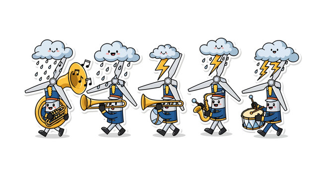 Cartoon musicians playing in bad weather conditions