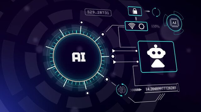 Advanced ai system interface showcasing intelligent data processing and futuristic cognitive computing for tech videos, hud animation