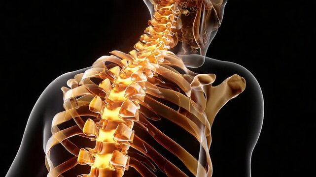 Illuminated Spine: A detailed and artistically lit rendering unveils the human spine, showcasing its intricate structure, perfect for medical studies and anatomical education.