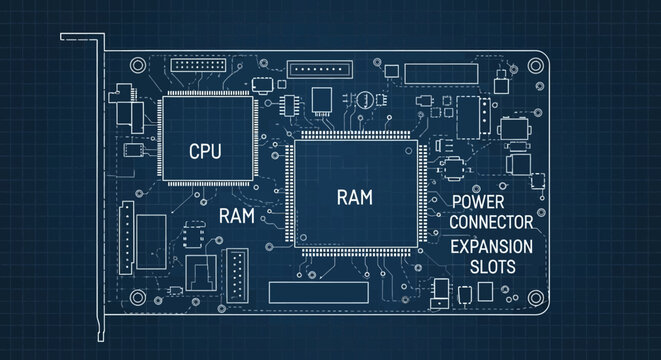Computer Circuit Board With CPU, RAM, And Expansion Slots For Technology Concepts