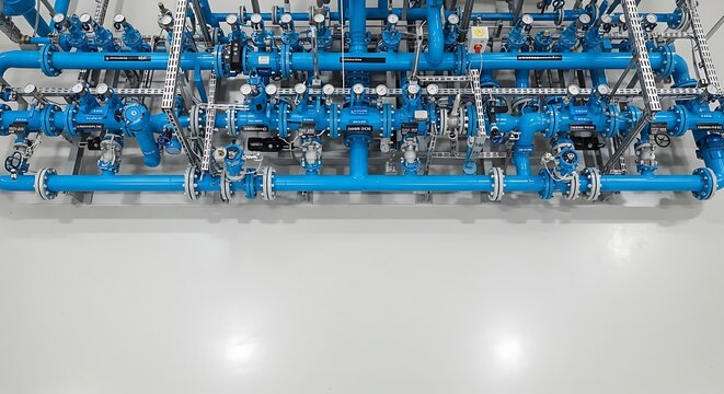 Intricate network of blue pipes and fittings in industrial setting, complex infrastructure.