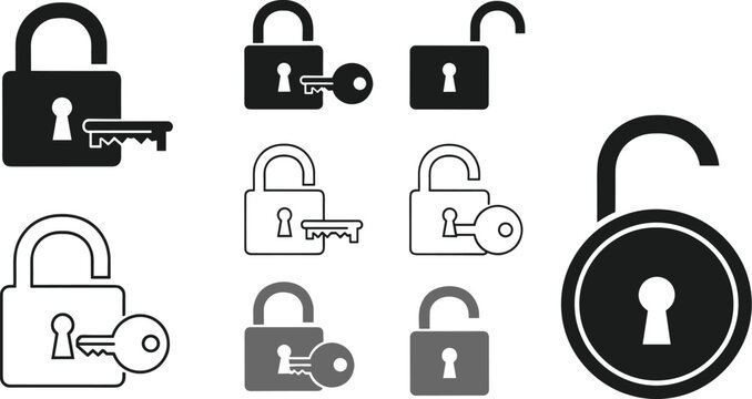 Lock and unlock icon collection featuring square and circular padlocks with keys in black solid and outline vector style for security and privacy concepts,