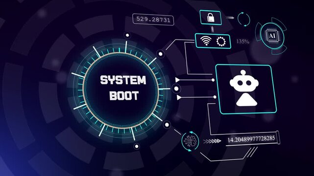 Futuristic system boot sequence with robotic assistant for automated hardware initialization and network startup, hud animation