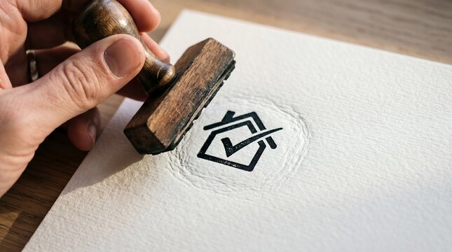 A hand holding a wooden stamp with a checkmark icon on a white paper