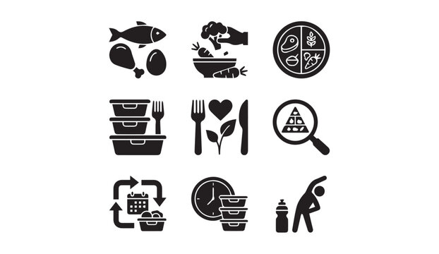 Healthy eating and lifestyle meal preparation icons set with nutrition, calendar
