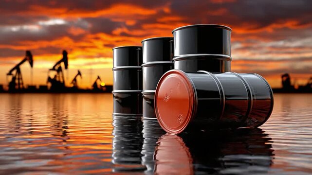 Oil Barrels and Sunset: Illustrating the global energy market, a striking image features oil barrels at the forefront, reflecting the fiery hues of a stunning sunset.