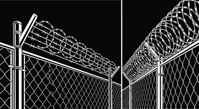 Perspective, view, of, security, chain, link, fence, topped, with, razor, wire, coils, blue, line, art, illustration, for, prison, border, protection, barrier, and, enclosure, design.

SEO Keywords