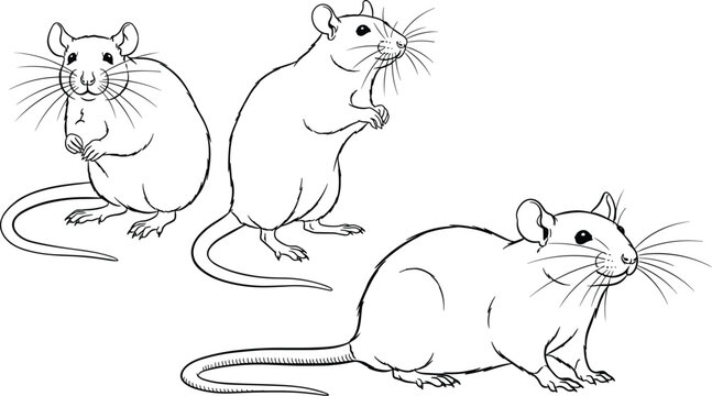 Rat line art vector set, cute mouse sketches, blue outline rodent illustration, wildlife animal drawing, minimalist pest control icon, pet rat character, isolated white.
