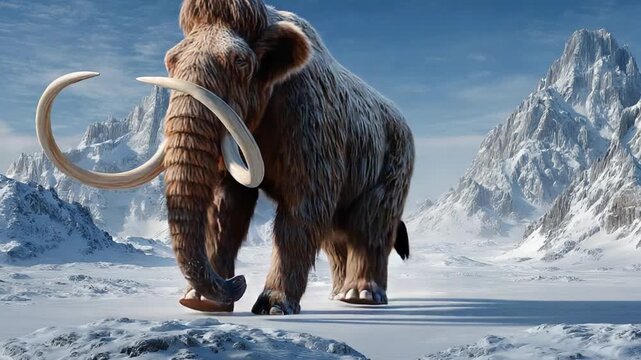 Ancient Giant on a Frozen Terrain: A majestic woolly mammoth strides confidently across a pristine, snowy landscape, showcasing the grandeur of the prehistoric era.