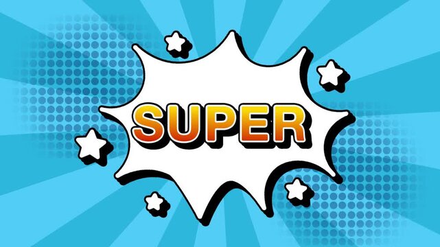 Super text word lettering popup comic cartoon reveal with bomb and smoke explosion manga anime book page dots with radial speed lines doodle sky blue background with seamless loop animation retro clip