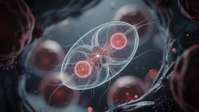 Watch a glowing single celled organism divide inside a microscopic world with vibrant colors and stunning detail
