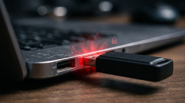 A close-up view of a USB drive being inserted into a laptop with a warning symbol