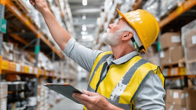 Warehouse Inspector at Work: A seasoned warehouse inspector meticulously examines inventory, navigating the vast aisles of stored goods with focus and expertise, ensuring order and accuracy.