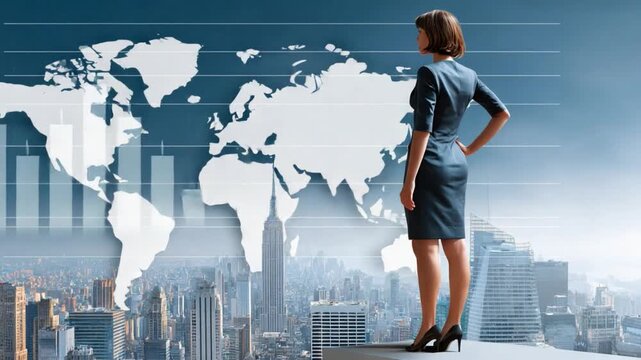 Visionary Executive: A determined executive gazes at the world map superimposed on a city skyline, embodying strategic vision and global ambition.