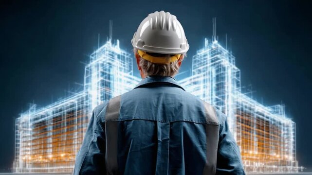 Visionary Architect: An architect in a hard hat gazes confidently at a digital blueprint of a future building, symbolizing innovation and architectural prowess.