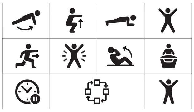 Black and white fitness workout and exercise training vector icons with exercise