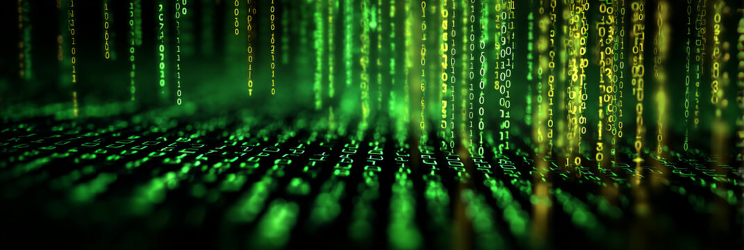 Green computer code scrolling on a screen in a dark room