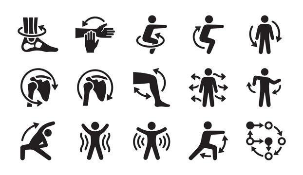 Joint mobility and body warm up exercise pictogram set with exercise, stretching