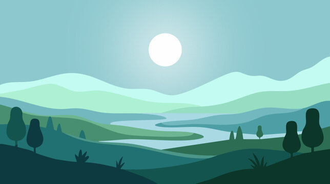 Minimalist landscape illustration with mountains river and sun