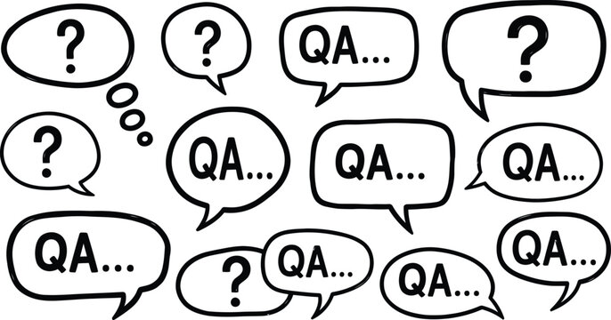 Collection of speech bubbles with question marks and QA text, representing communication, questions, answers, and dialogue, black outlines on checkered background.