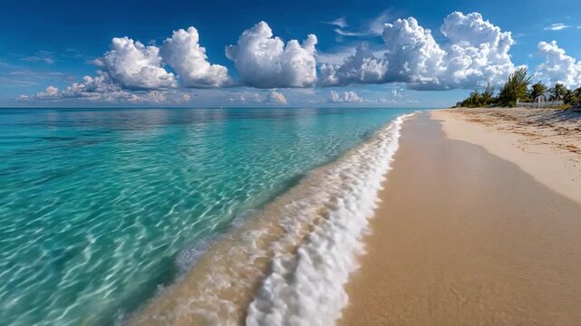 Azure Coastline Serenity: The tranquil embrace of a clear, turquoise sea gently caresses the pristine shore, under a sky adorned with fluffy, cotton-like clouds.