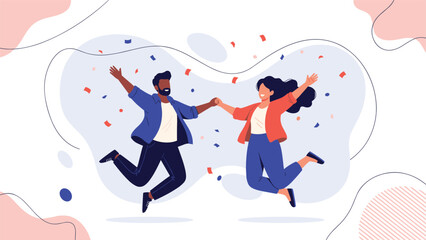 Fototapeta premium Happy diverse couple jumping for joy together amidst colorful falling confetti celebrating success or a special occasion with excitement.