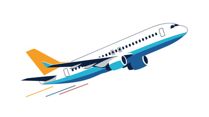 Fototapeta premium Modern commercial passenger airplane taking off with colorful speed lines beneath it against a plain white background for travel themes.