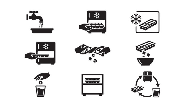 Ice cube making process vector icon set with freezing refrigerator refreshment