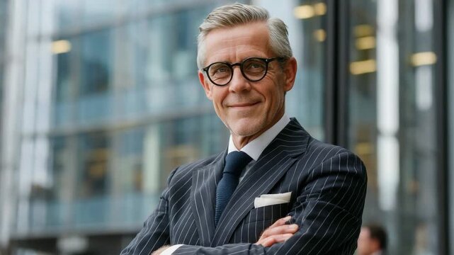Distinguished in the City: An elegantly dressed senior executive exudes confidence and experience, with an office building backdrop.