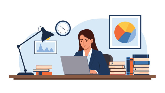 Dedicated businesswoman working on a laptop at a desk filled with piles of books, a clock, and data charts.