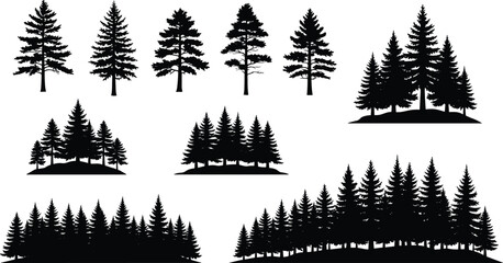 Fototapeta premium Set, of, pine, tree, silhouettes, featuring, various, coniferous, evergreen, forest, shapes, spruce, wood, landscape, elements, for, mountain, nature, winter, outdoor, wilderness, design.