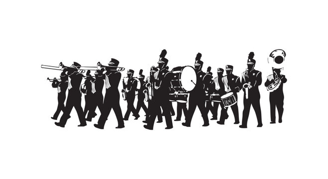 Marching band members playing musical instruments in parade procession forming silhouette pattern on isolated white ground.
