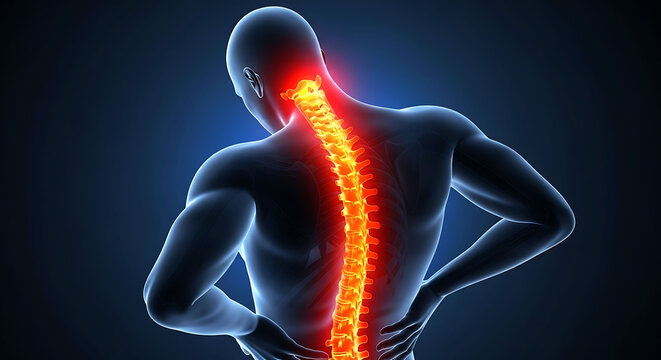 Human back pain and spinal inflammation 3D illustration with glowing backbone