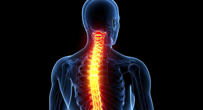 Human spine anatomy with glowing spinal column and vertebrae on black background