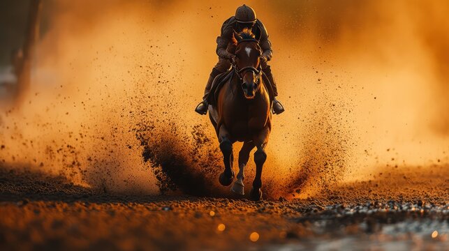 Jockey and Horse Racing in Sunset Dust