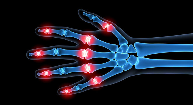 Human hand bone x-ray with red joint pain inflammation and arthritis 3d render
